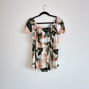 Cute Short Sleeve Leaves Print Eyelet Loose Fit Top